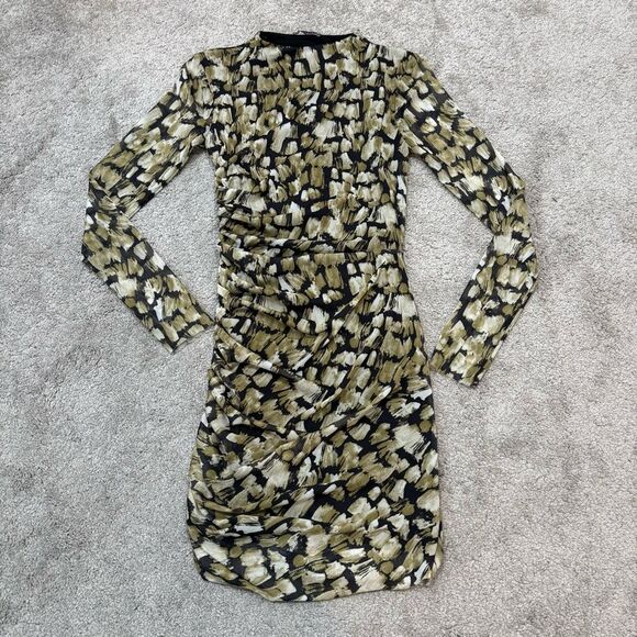 ZARA Green and Black Printed Tulle Ruched Bodycon Dress Size S - Picture 4 of 14